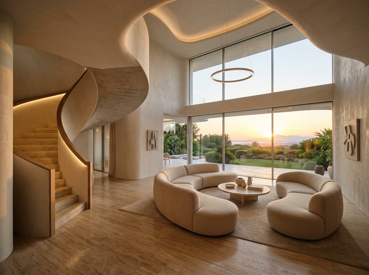 Architectural living room with curved organic sofa and panoramic garden sunset views