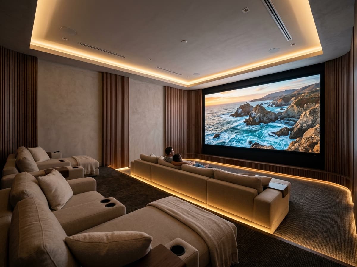 Minimalist luxury private cinema with plush lounge seating and warm cove lighting