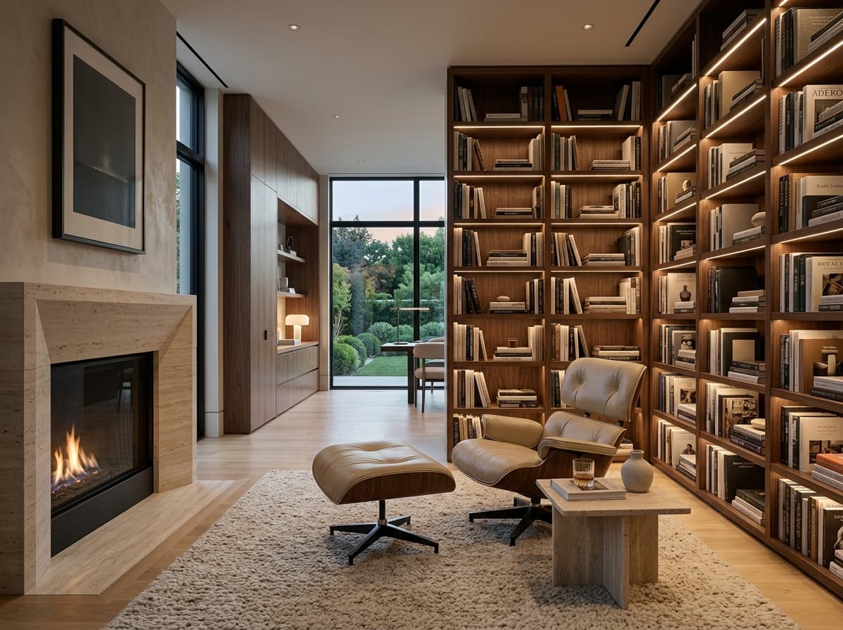 Custom luxury private library with floor-to-ceiling illuminated bookshelves and fireplace